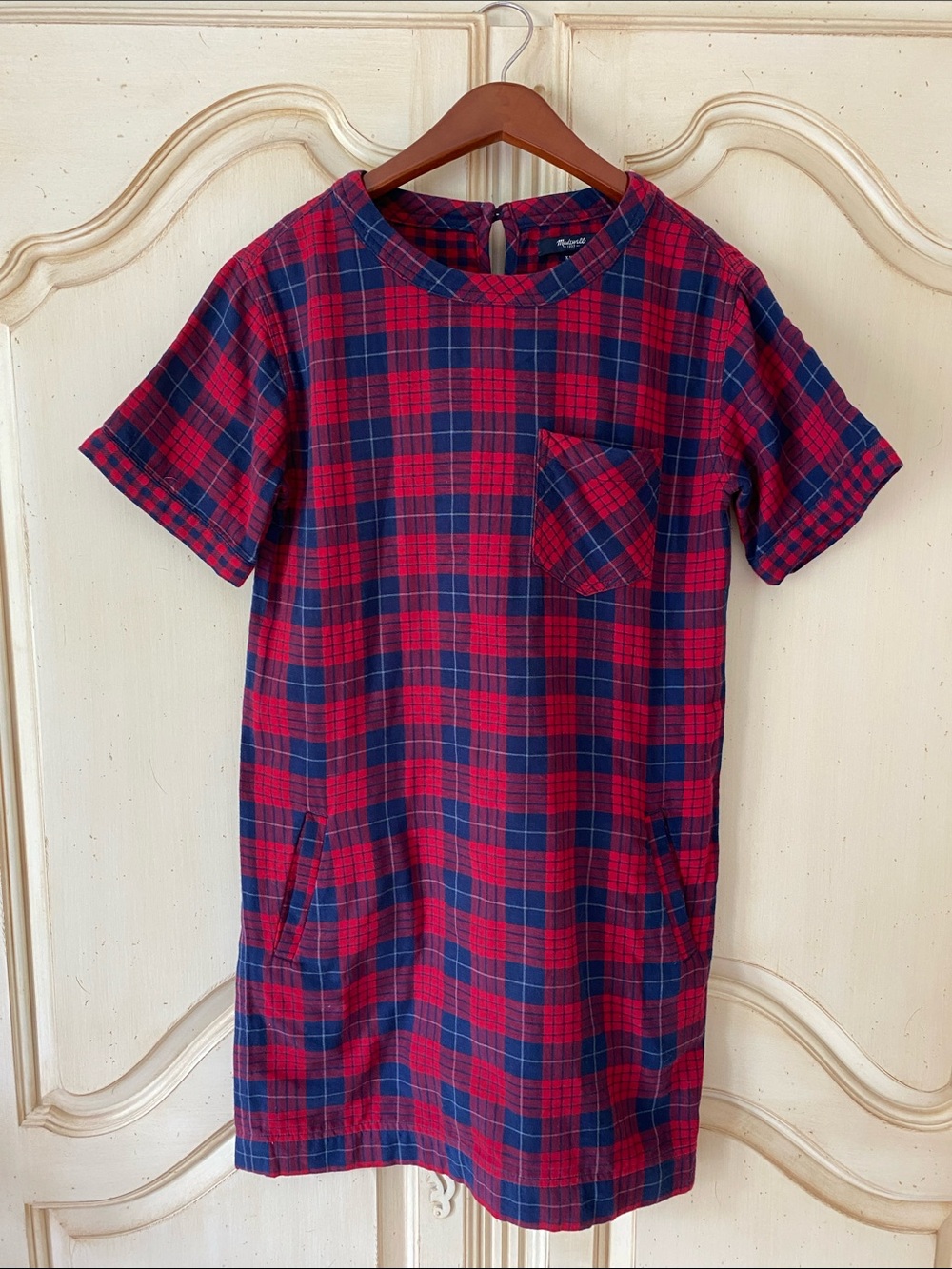 Madewell Red and Navy Plaid Short Sleeve Dress